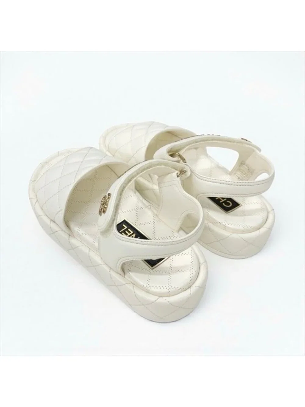 Chanel Sandals Shoes Leather White Gold Quilted Coco Mark Logo Velcro - Picture 4 of 10